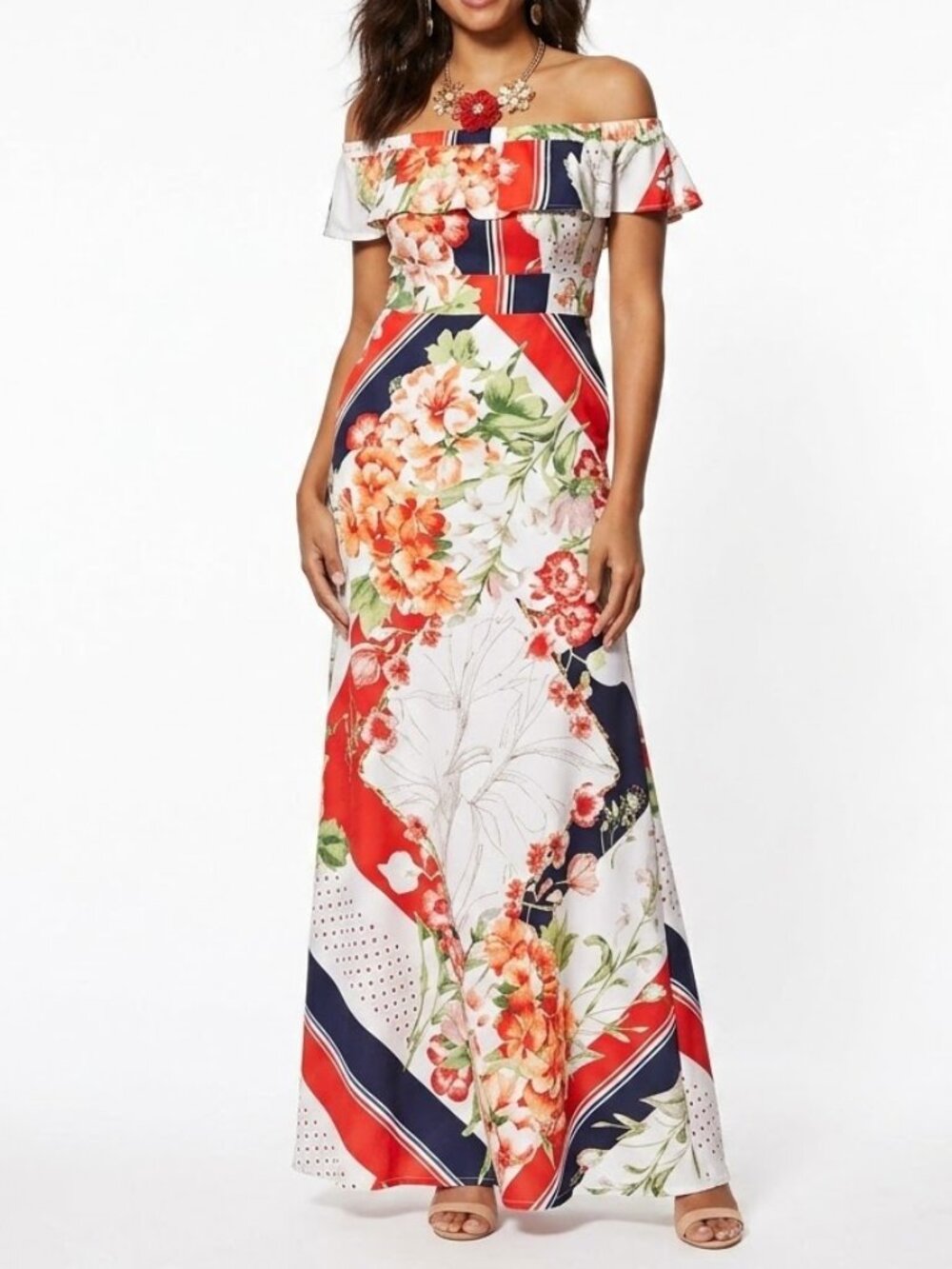 New York & Company Scarf Print Off Shoulder Boho Floral Maxi Dress Size Small